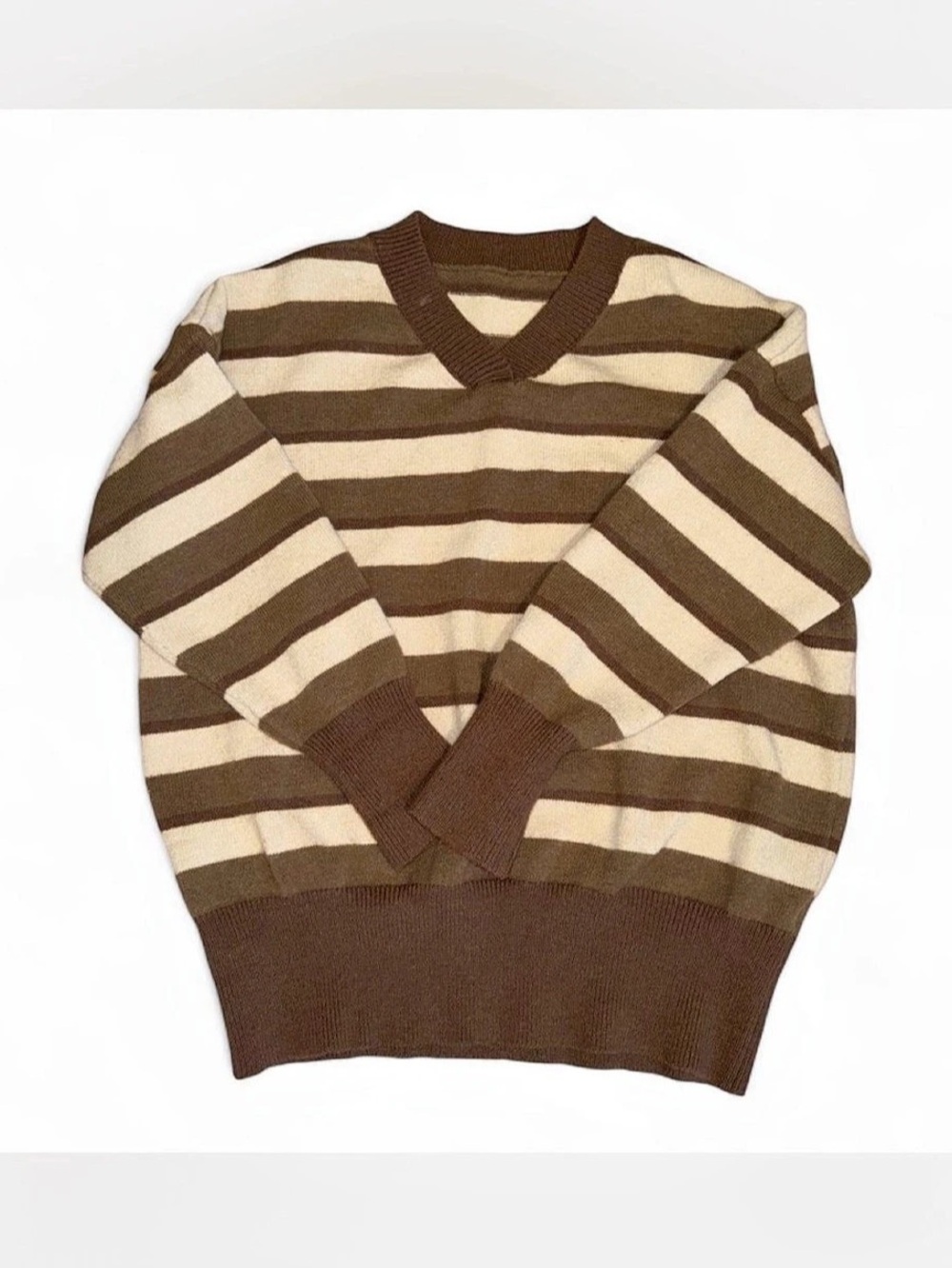 Dazy Casual Colorblock Striped V-Neck Loose Sweater Brown & Cream Medium